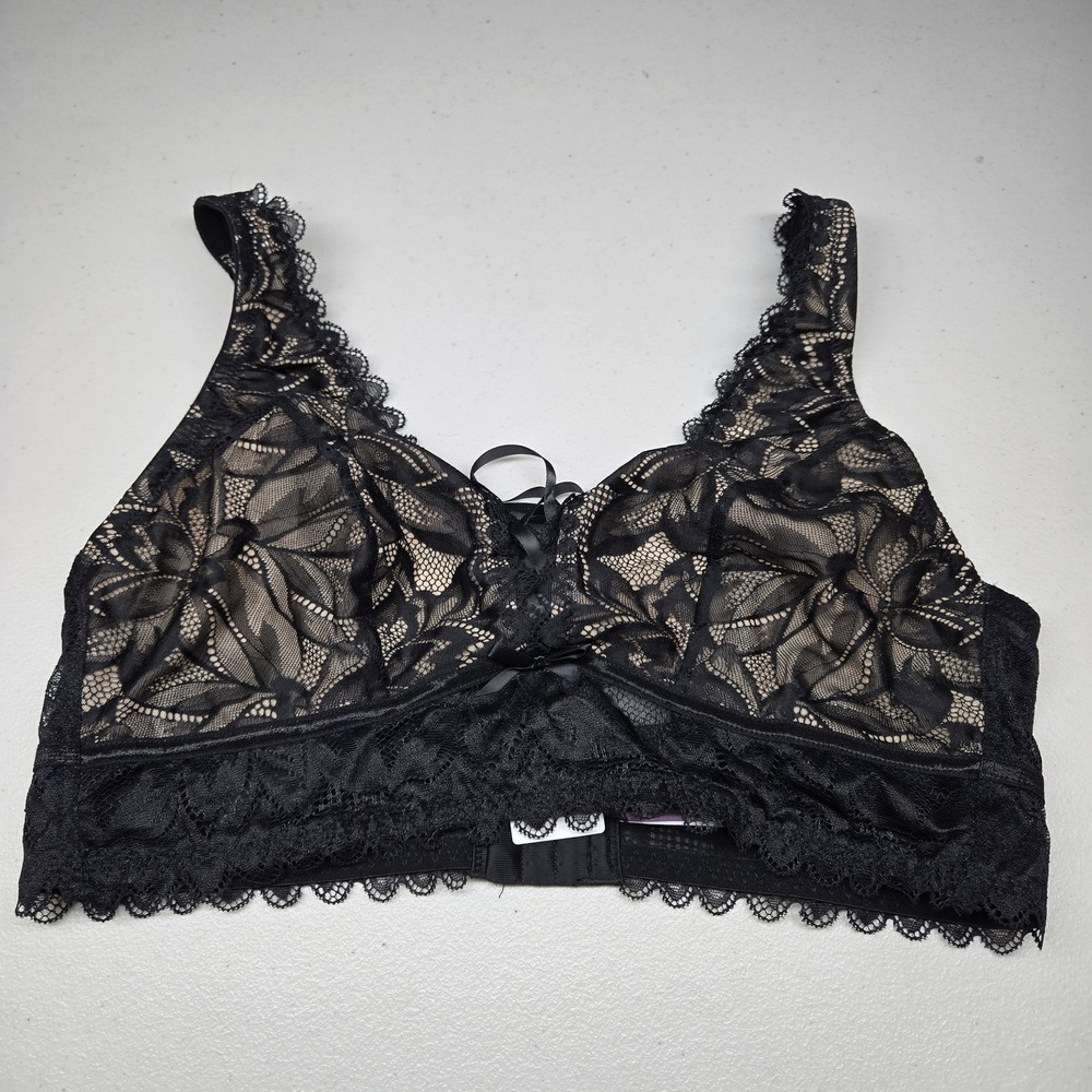 Adore Me Women Bra 1X Black Floral Bralette Wireless Lace Bow Strap